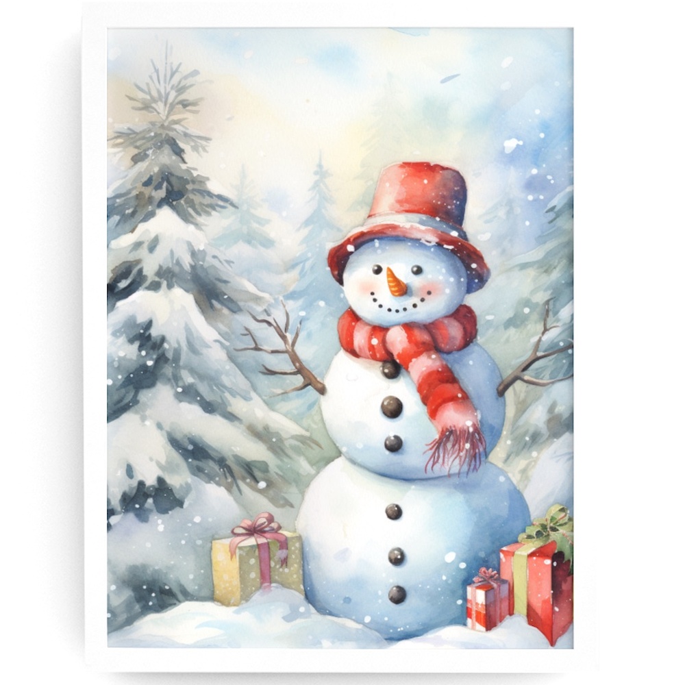 Watercolor Snowman Christmas Theme Wall Art Illustration Print Unframed
